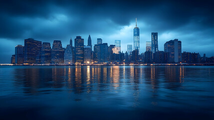 Fototapeta premium A dramatic night view of the New York City skyline with storm clouds and reflections in the water.