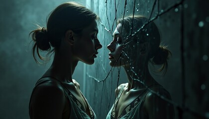 A distorted mirror reflecting a broken human form, fractured and distorted. The image is fragmented, reflecting the shattered sense of self and identity often associated with depression.