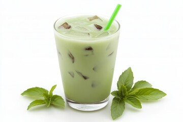 Refreshing Iced Green Tea Beverage in a Glass with Ice Cubes, a Straw, and Fresh Mint Leaves