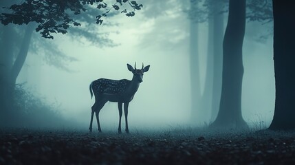A Deer Standing Alone in a Foggy Forest 