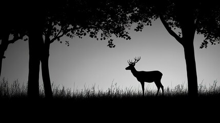 The silhouette of a deer standing gracefully amidst the dark outline of trees captures the essence of wildlife in this black and white scene.