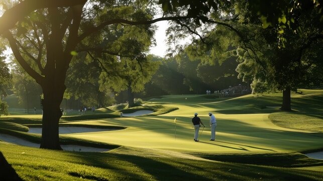 At a prestigious tournament, golfers clad in classic attire navigate a challenging course, showcasing the elegance and concentration that define the sport.