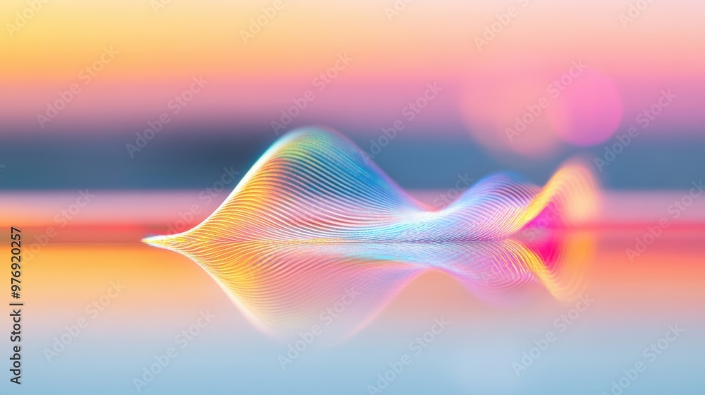 Poster abstract waveforms in vibrant colors ripple across a glossy surface, capturing the essence of tranqu