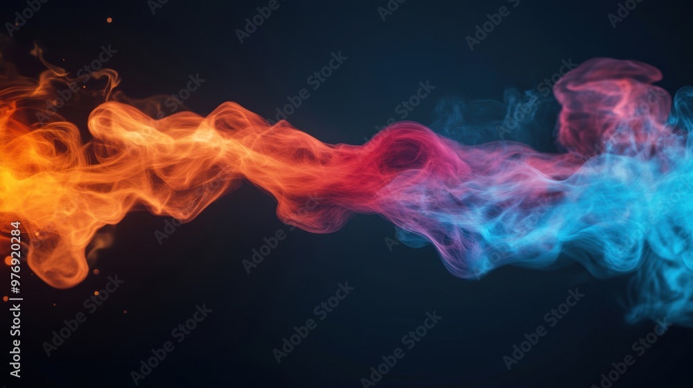 Poster swirling fire flames merge with colorful smoke, creating a striking contrast against the dark backgr