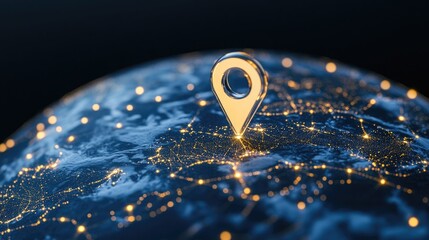 A location pin icon rests atop a blue globe illuminated by yellow lights, highlighting a global network. The digital design is perfect for technology presentations.