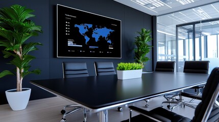 Fototapeta premium Corporate Data Analytics Dashboard: Leading Innovation in Tech Conference Room with Copy Space for Text
