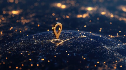 A location pin icon rests atop a blue globe illuminated by yellow lights, highlighting a global network. The digital design is perfect for technology presentations