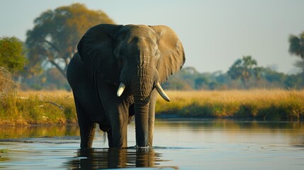 Obraz premium An elegant elephant peacefully sipping water at the edge of a glistening watering hole represents the precarious equilibrium of ecotourism in Africa.