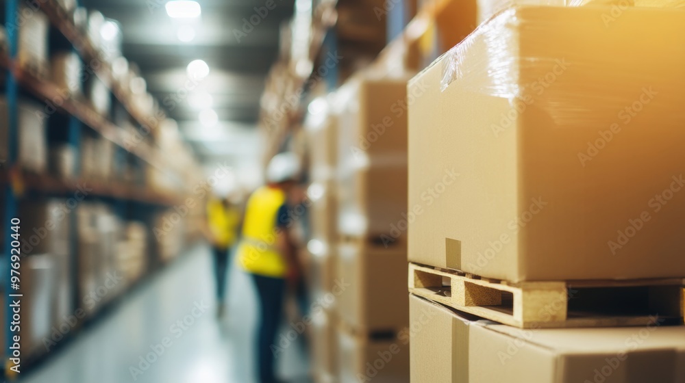 Poster workers are actively managing boxes and ensuring efficient operations in a bustling warehouse