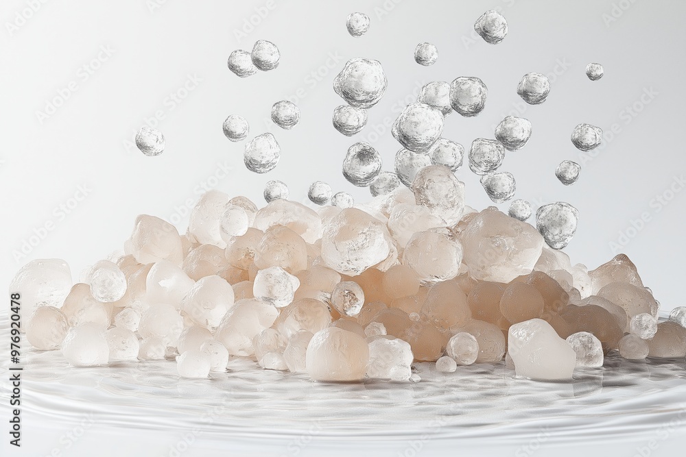 Poster a pile of white and brown rocks with a splash of water in the background. the rocks are scattered an