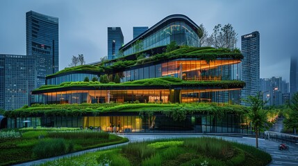 Fototapeta premium At the heart of a bustling city, an innovative green building stands tall, a symbol of cutting-edge technology and sustainable practices