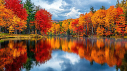 Fototapeta premium A vibrant autumn scene with a pond surrounded by trees in full fall colors, their reflections mirrored in the water.
