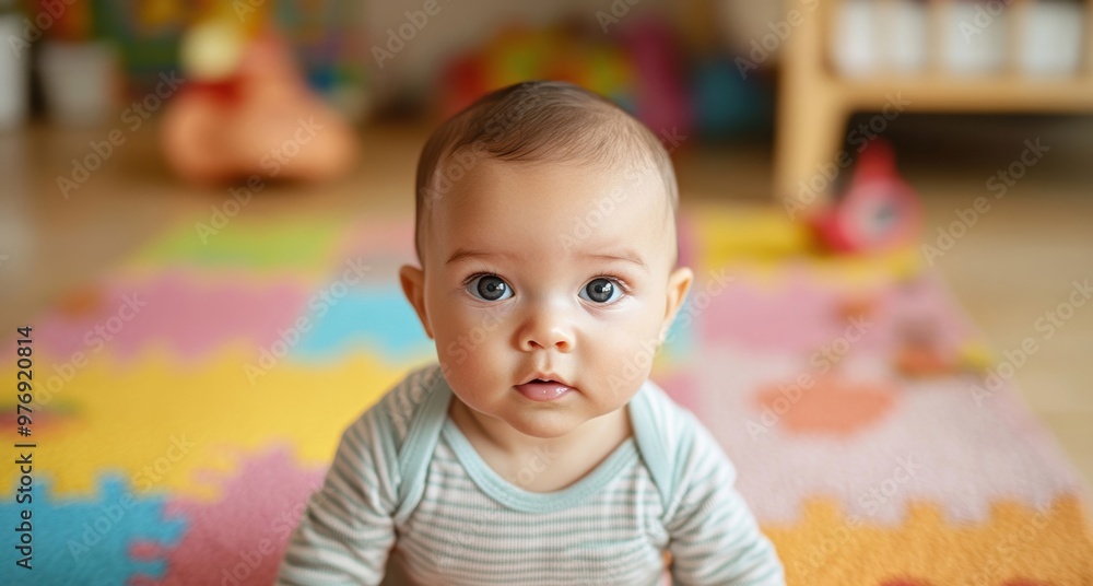 Poster a baby is enjoying time on a play mat, surrounded by various toys while exploring and crawling in a 