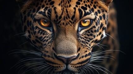 Naklejka premium Close-up portrait of a leopard with intense golden eyes looking directly at the camera.