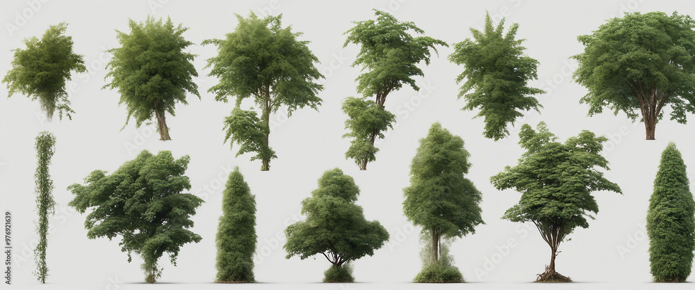 Poster set forest plants and trees including climbing vines on a transparent background with clipping path