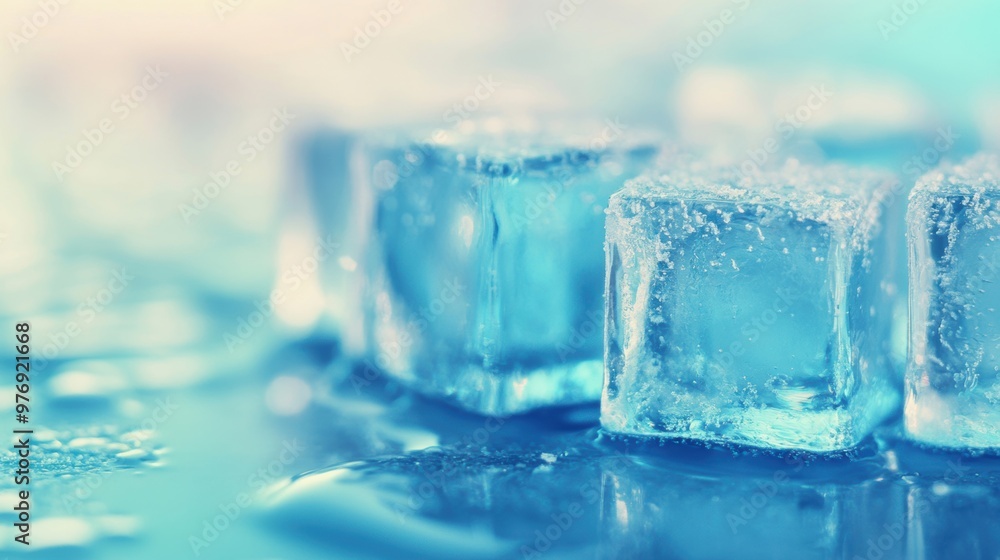 Poster sparkling ice cubes exhibit a blue tint and captivating reflections, creating a refreshing visual ef