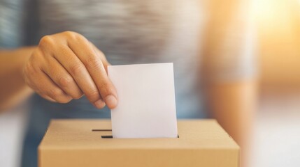 A hand carefully inserts a voting ballot into a box at a community center, reflecting civic engagement and participation in elections
