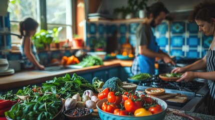 A colorful kitchen filled with whole foods, a family prepares a longevity-inspired meal, embracing the healthier life principles of Blue Zones