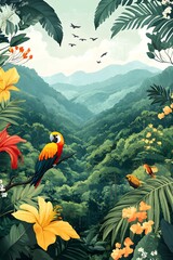 T-shirt design showcasing a mix of local flora and fauna, celebrating biodiversity in your region, copy space, biodiversity theme, dynamic, Composite, mountain reserve backdrop