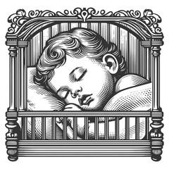 baby peacefully sleeping in a wooden crib cot, by stars, evoking a nostalgic and serene atmosphere sketch engraving generative ai raster illustration. Scratch board imitation. Black and white image.
