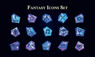 Set of Fantasy Icons for user interface, poster, video. Fantasy magic HUD. Template for rpg game interface. Vector Illustration EPS10