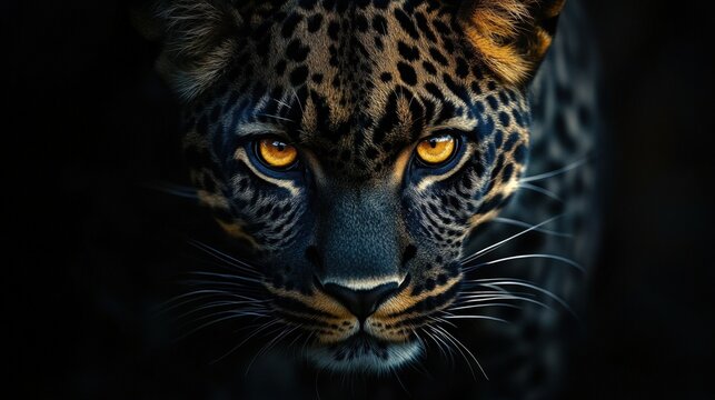 Close-up portrait of a leopard with piercing golden eyes staring intensely at the camera in a dark setting.