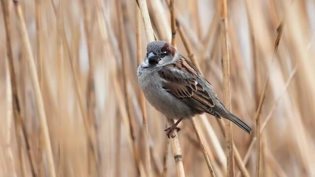 city ​​sparrow sitting on a reed branch. slow motion