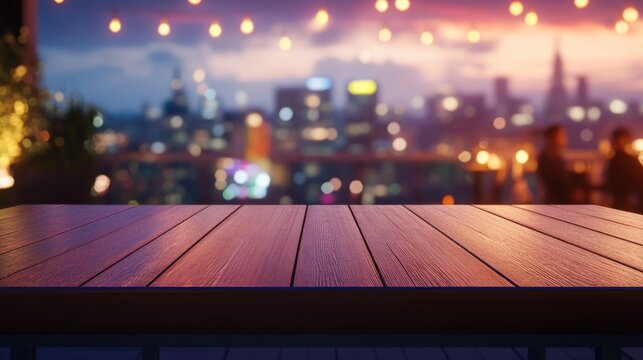 Empty wood table at a rooftop bar with a twilight sky, blurred city lights, and patrons, creating a vibrant atmosphere.