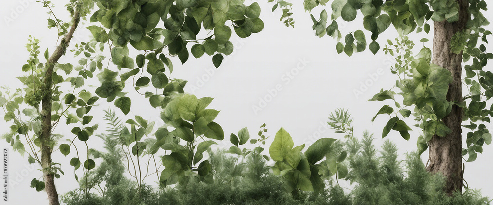 Poster set forest plants and trees including climbing vines on a transparent background with clipping path