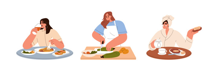 Women enjoying eating and drinking, preparing food at home. Having morning meal, breakfast, dinner with wine, cooking, sitting at table. Flat vector illustrations set isolated on white background