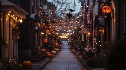 Obraz premium Quaint Village Street Lined with Pumpkins, Jack-O’-Lanterns, and String Lights for Halloween