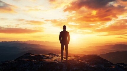 Business person silhouette with a natural landscape background, ample copy space on the right side.