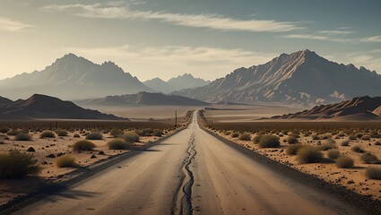 Scenic View of Desert Road Under Hazy Sky	