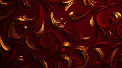 Fototapeta premium Elegant swirls in metallic gold, deep burgundy canvas, flowing and interconnected, seamless and intricate, digital pattern.