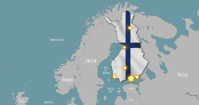 Map of Finland in the colors of national flag. The capital and major cities are marked.

