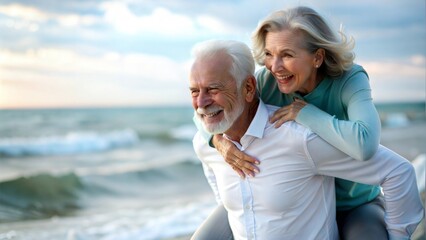"Mature Couple Laughing Beach Piggyback" - Cheerful elderly couple engaging in a piggyback ride on the beach.