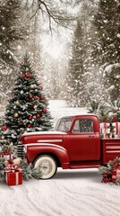 A charming red vintage truck transports a Christmas tree and colorful gifts, set against a snowy backdrop adorned with twinkling lights, creating a cozy holiday atmosphere