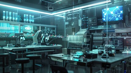 Naklejka premium A futuristic lab setup where AI systems monitor and control bioreactors for optimal genetic recombination processes.