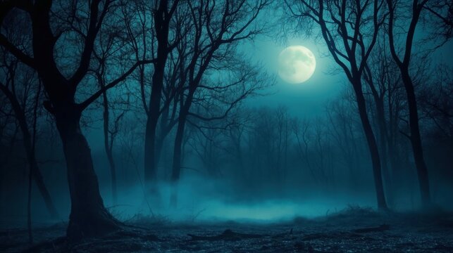Fototapeta Gloomy foggy mysterious forest under a full moon at night