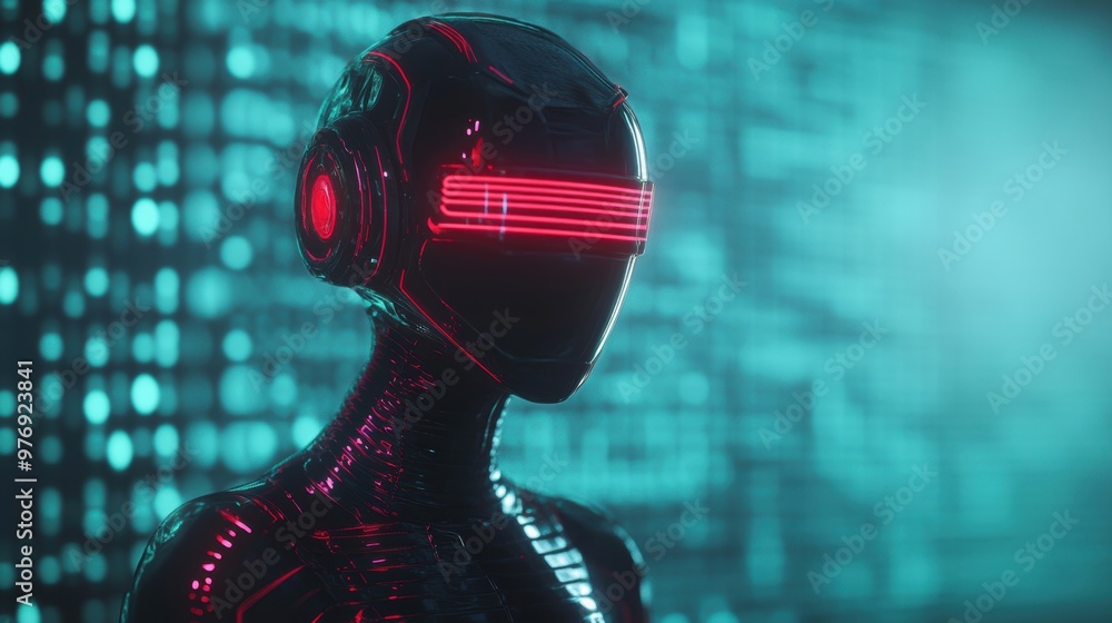 Poster a sleek robot engages with illuminated digital screens in a technologically advanced setting, showca