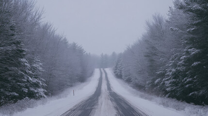 A quiet country road lined with snow-covered trees, leading into the distance under a soft gray sky.