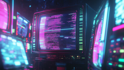 Obraz premium Glitch in the Matrix: Monitor Screen Malfunction with Neon Tubes