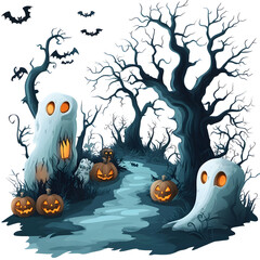 Haunted Forest Scene with Pumpkins Bats and Ghostly Figures in Cartoon Style