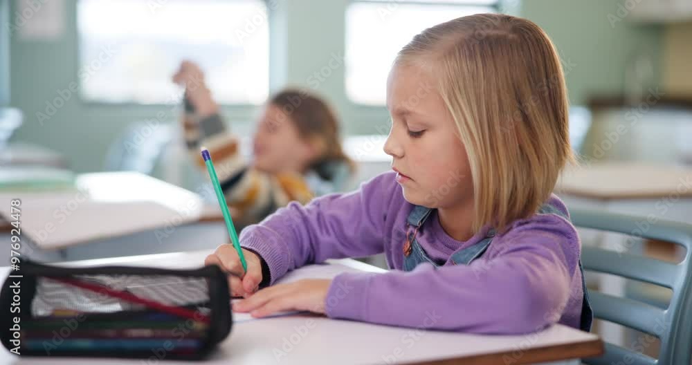 Poster writing, student and classroom for education at school with learning, knowledge and information for 