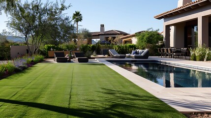 An tempe lawn featuring a dolomite poolside terrace