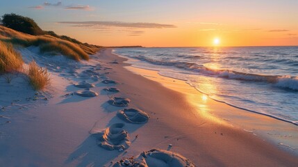 Fototapeta premium A quiet morning walk along the beach, with the sunrise casting long shadows and the waves gently lapping at the shore. 