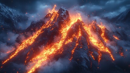 Fototapeta premium A volcanic eruption at night with lava flowing down the mountainside, ash clouds, and glowing embers.