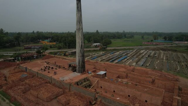 Aerial view of a brick factory chimney in the Sundarbans, Sylhet Division, Bahubal, Bangladesh