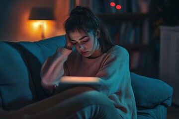 Obraz premium People, technology and internet concept - young woman using digital tablet at home. Beautiful simple AI generated image