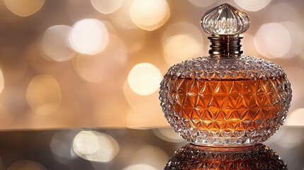 A crystal perfume bottle filled with amber liquid, set against a blurred, warm background of soft lights.
